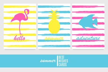 Set of three summer vector cards templates. Pineapple, fish and flamingo on a striped background.
