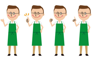 ポップな緑のエプロンをした眼鏡の男性が4ポーズ