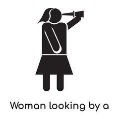 Woman looking by a spyglass icon vector sign and symbol isolated on white background, Woman looking by a spyglass logo concept