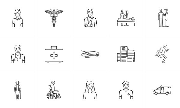 Medicine hand drawn outline doodle icon set for print, web, mobile and infographics. Healthcare, traumatology, emergency help and nursery vector sketch illustration set isolated on white background.