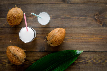 Tropical alcohol-free beverage. Fresh coconut milk in glasses with straw near coconut and palm leaves on dark wooden background top view copy space