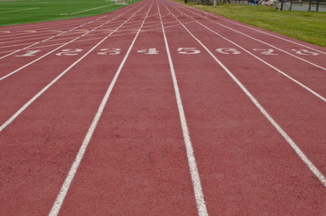 Fototapeta premium Running lanes on a red track with white numbers and lines with green grass on both sides