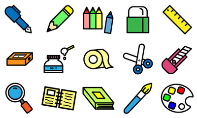Colorful of variety stationery icon on white background