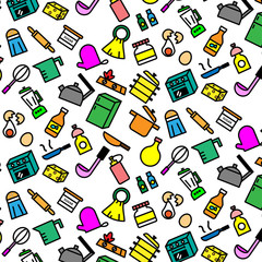 Colorful pattern background of variety Kitchenware icon on white background
