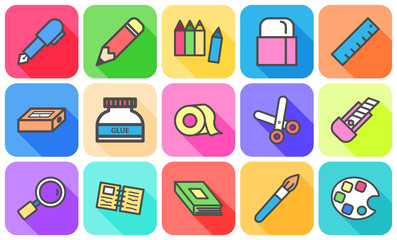 Colorful of variety stationery icon with flat icon and long shadow concept on white background