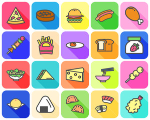 Colorful of variety food icon with flat icon and long shadow concept on white background