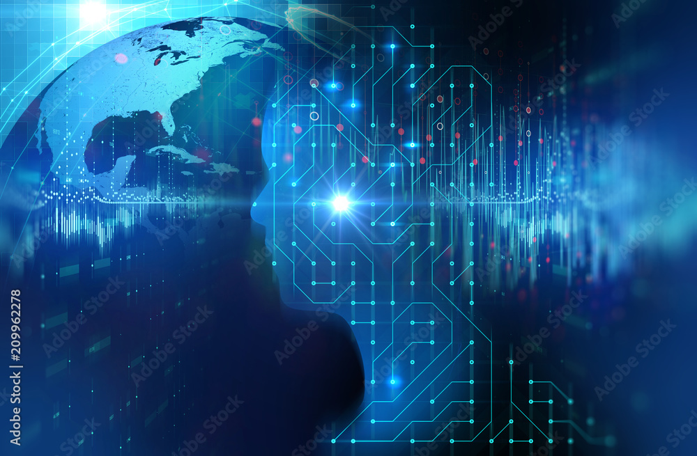 Poster silhouette of virtual human on circuit pattern technology 3d illustration