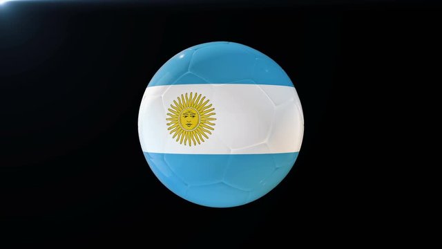 Football with flag of Argentina, soccer ball with Argentinian flag, sports equipment rotating on black background, 3D animation