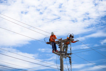 14 june 2018:The electricians are repairing and putting on new wires to keep up the light at night....