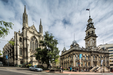 Fototapeta na wymiar St Paul’s Cathedral and the Dunedin Town Hall, Dunedin New Zealand: