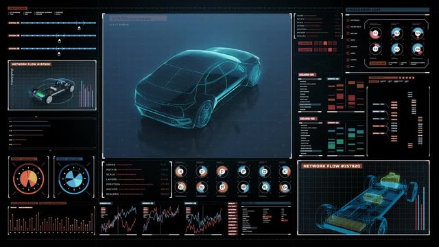 Rotating Electronic, hybrid, lithium ion battery echo car. transparency view in Digital futuristic display interface. eco-friendly future car. 4k movie.1.