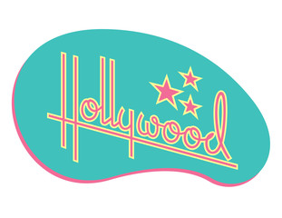 Hollywood Retro Vector Design with Stars. Custom hand drawn script design of the word Hollywood with retro 1950s style vibe, reminiscent of old motel and diner signs.