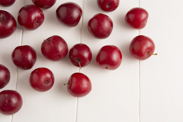 Fresh red plums, on white background.
