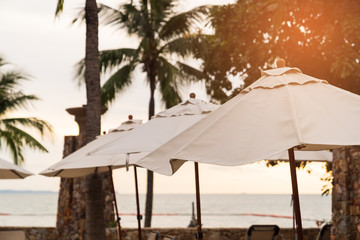 Lagre umbrellas on the sunset beach background.
