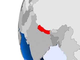 Map of Nepal on political globe