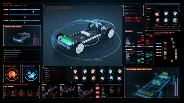Rotating Electronic, hybrid, lithium ion battery echo car. charge battery, inside view in Digital futuristic display interface. eco-friendly future car. 4k movie.1.
