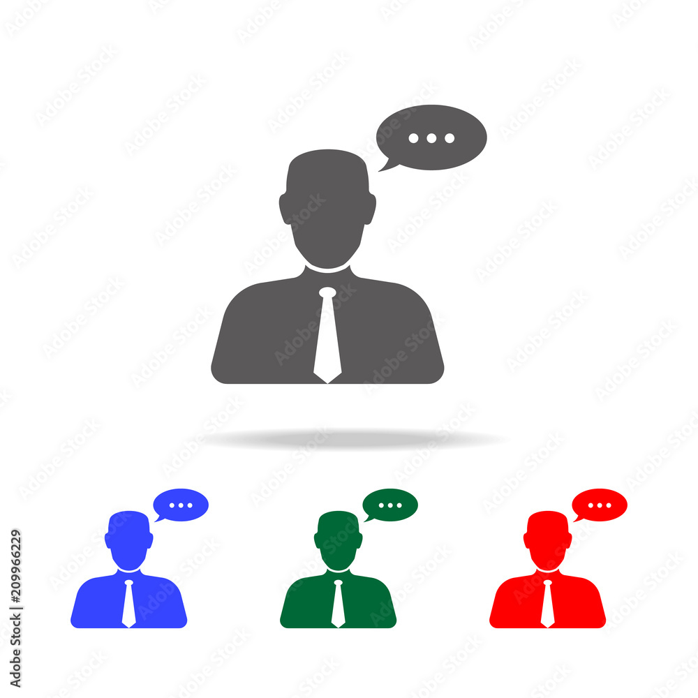 Poster business man with a communication bubble icon. elements of conversation in multi colored icons. prem