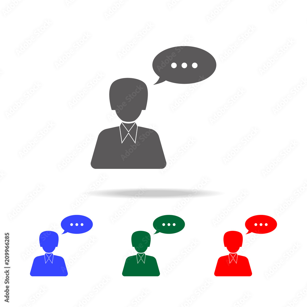 Poster a man with a communication bubble icon. elements of conversation in multi colored icons. premium qua