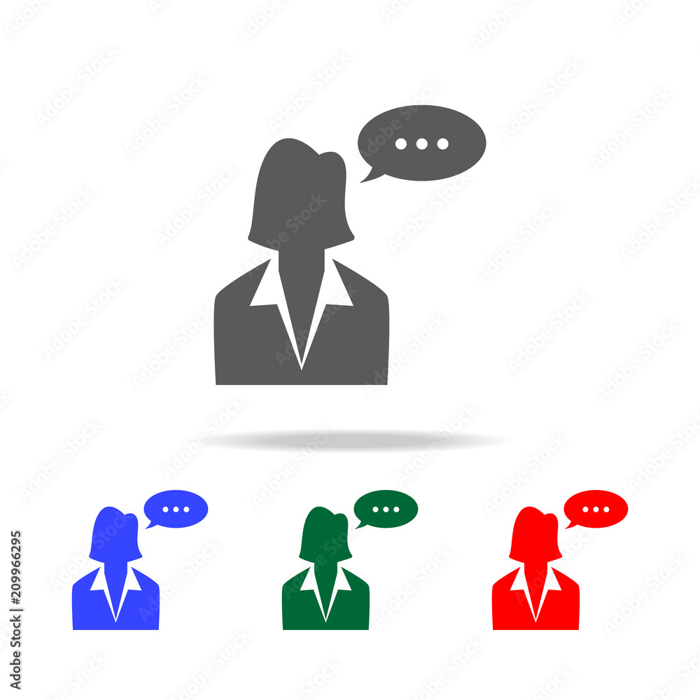 Poster business woman with a communication bubble icon. elements of conversation in multi colored icons. pr