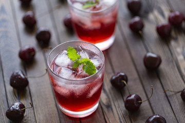 Fresh cold cherry cocktail with mint and ice.