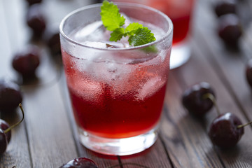 Fresh cold cherry cocktail with mint and ice.