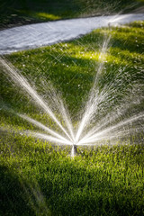 Splashes of water during watering in the background of sunlight.