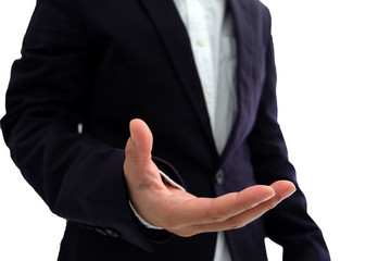 Business man extending hand to shake isolated on white background.