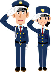 敬礼する警備員の男女　ガードマン