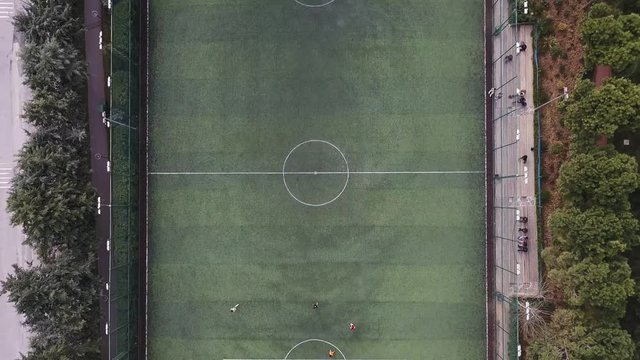 Aerial view of a Soccer Play on the grass football field