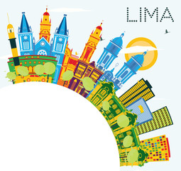Lima Peru City Skyline with Color Buildings, Blue Sky and Copy Space.