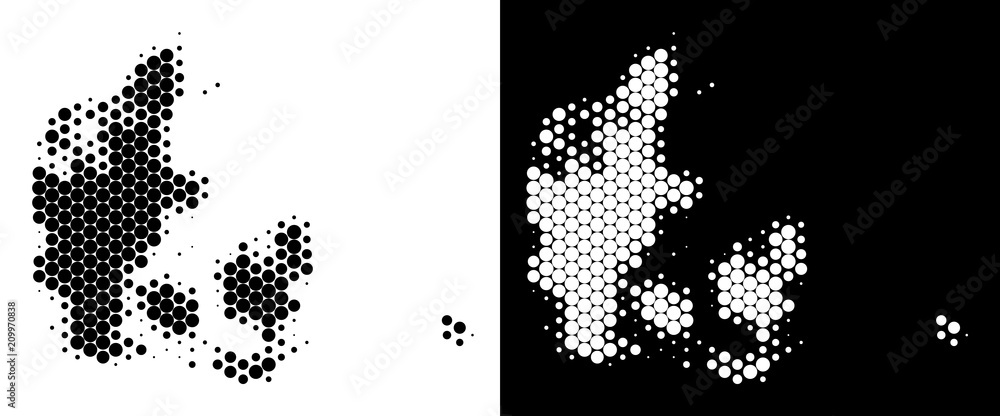 Poster dotted halftone denmark map. vector geographic scheme on white and black backgrounds. abstract mosai