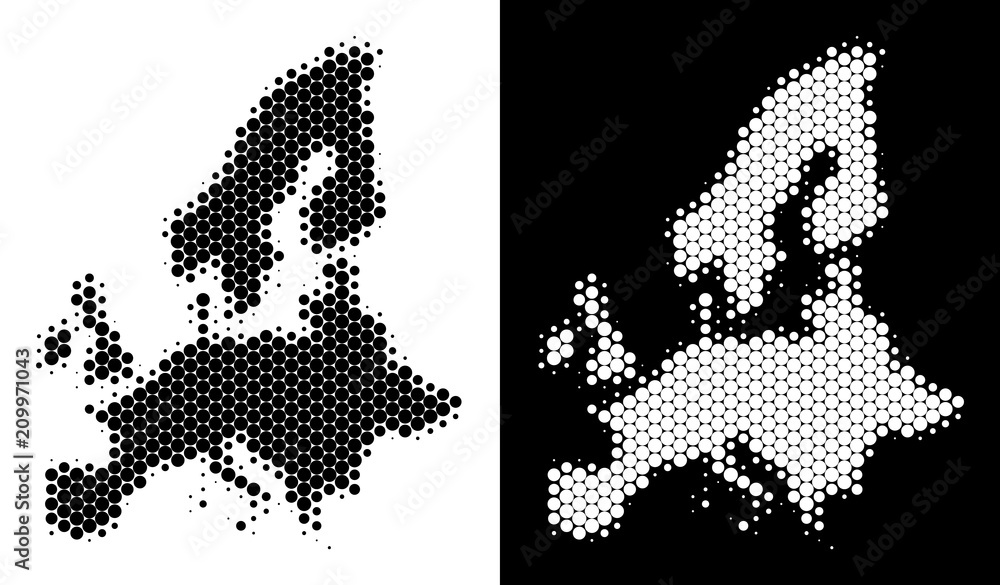 Poster pixel halftone european union map. vector geographic map on white and black backgrounds. abstract co