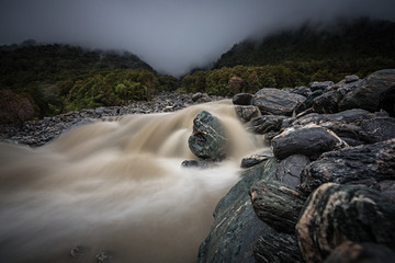 Long exposure of fast moving stream at Fox Glacier, South Island, New Zealand