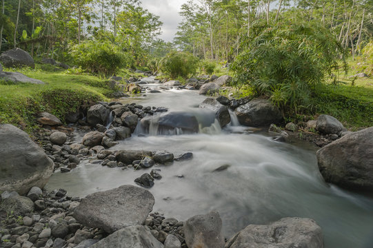 Nature river in long exposure shot, Kaliurang, Yogyakarta, Indonesia. June 2018