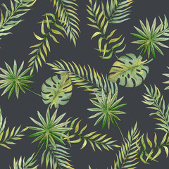 seamless pattern with tropical leaves on a dark background