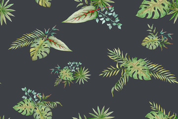 seamless pattern with tropical leaves on a dark background