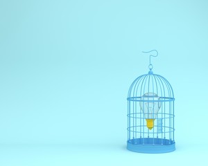 Light bulb frees an idea from a blue cage on pastel blue background wait for unlock. minimal freedom concept.