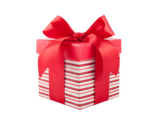 striped box with gift and bow on white background