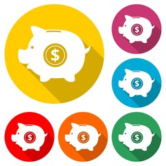 Piggy bank icon, color icon with long shadow