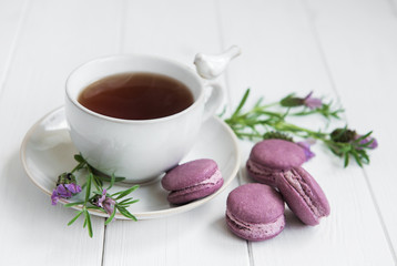 Cup of tea and macarons