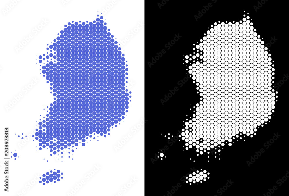 Poster dot halftone south korea map. vector geographic scheme on white and black backgrounds. abstract comp