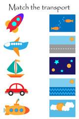 Match the transport and where it flyes and goes, fun education game with transport for children, preschool worksheet activity for kids,task for the development of logical thinking, vector illustration