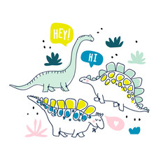 Cute dinosaurs and tropic plants