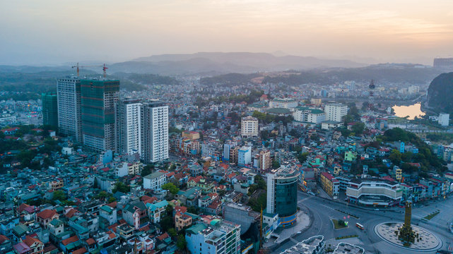 Aerial view Ha Long City, the capital city of Quang Ninh Province, Halong Bay, Vietnam.