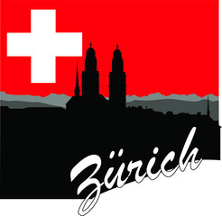 Silhouette of the city of Zurich, against the background of the flag of Switzerland