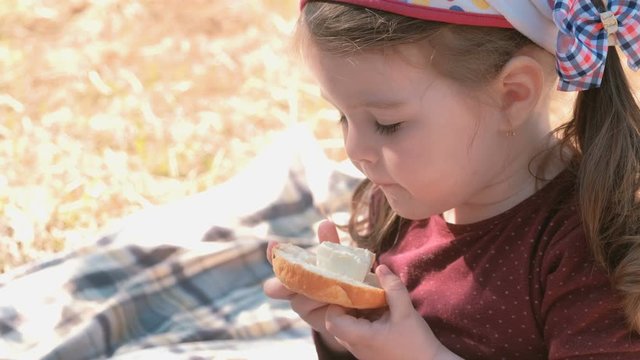Little cute girl eats sandwich with bread and processed cheese. Family picnic. Licks her dirty fingers.