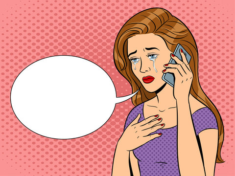 Crying girl with phone pop art vector