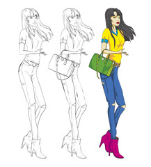 Fashion girl sketch. Beautiful young woman posing in handbag and blouse. Vector illustration.