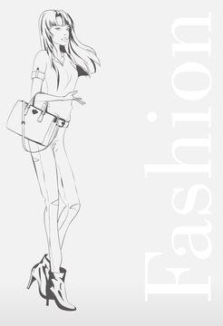 Fashion girl. Beautiful young woman posing in handbag and blouse. Vector illustration.