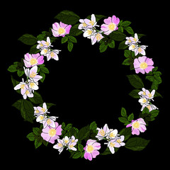 Vector drawn floral wreath of jasmine and wild rose flowers on black background.